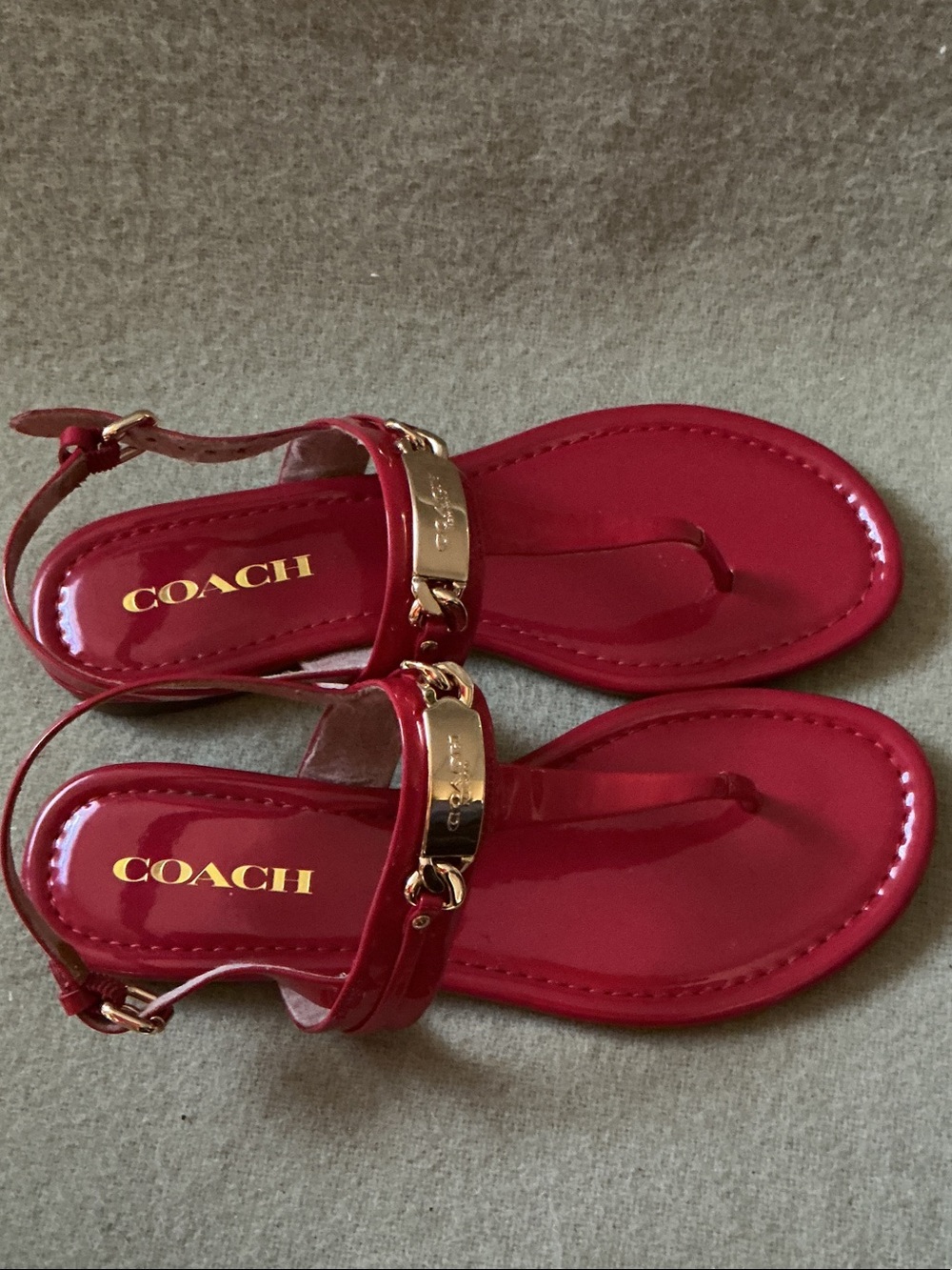 Coach Red Patent Leather T-Strap Sandals with Gold Accents